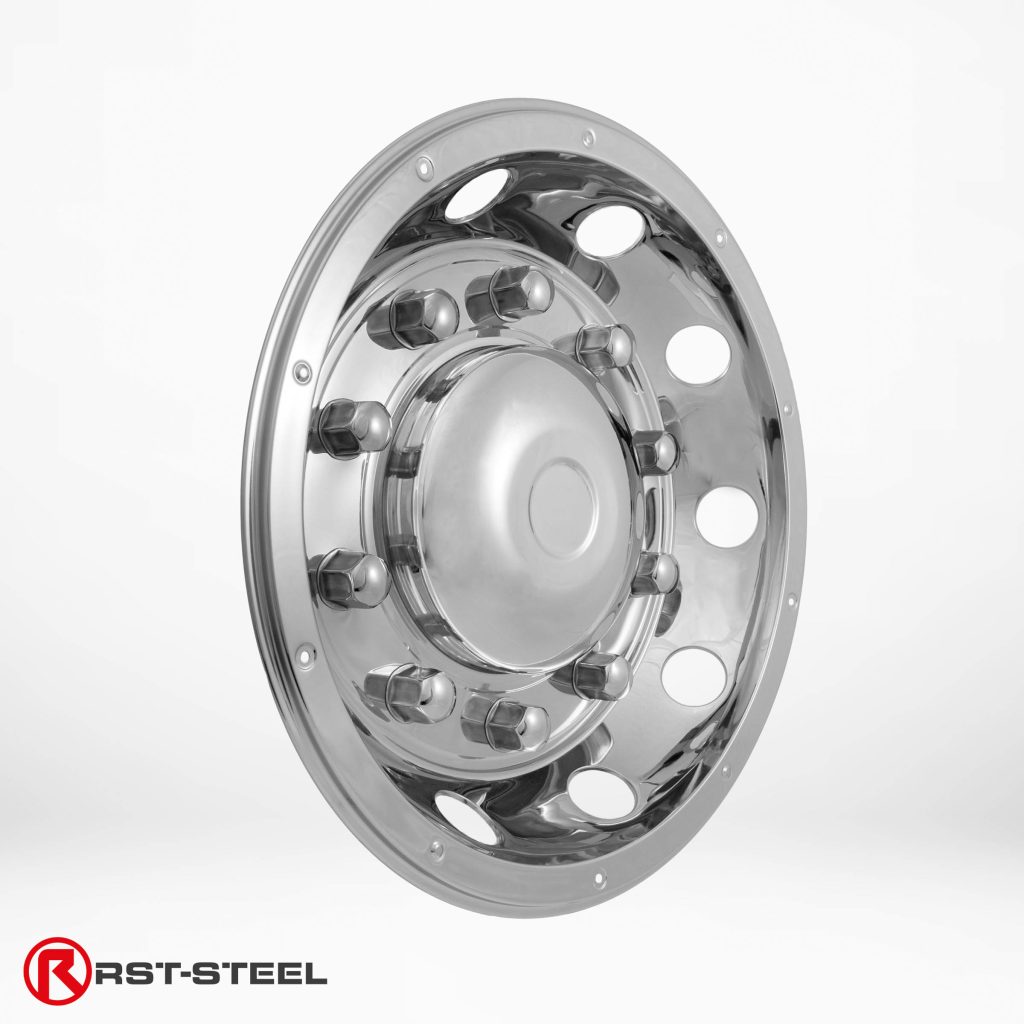 A pair of wheel covers made of stainless steel with an solid center for 22.5" rims, Deluxe -edition.